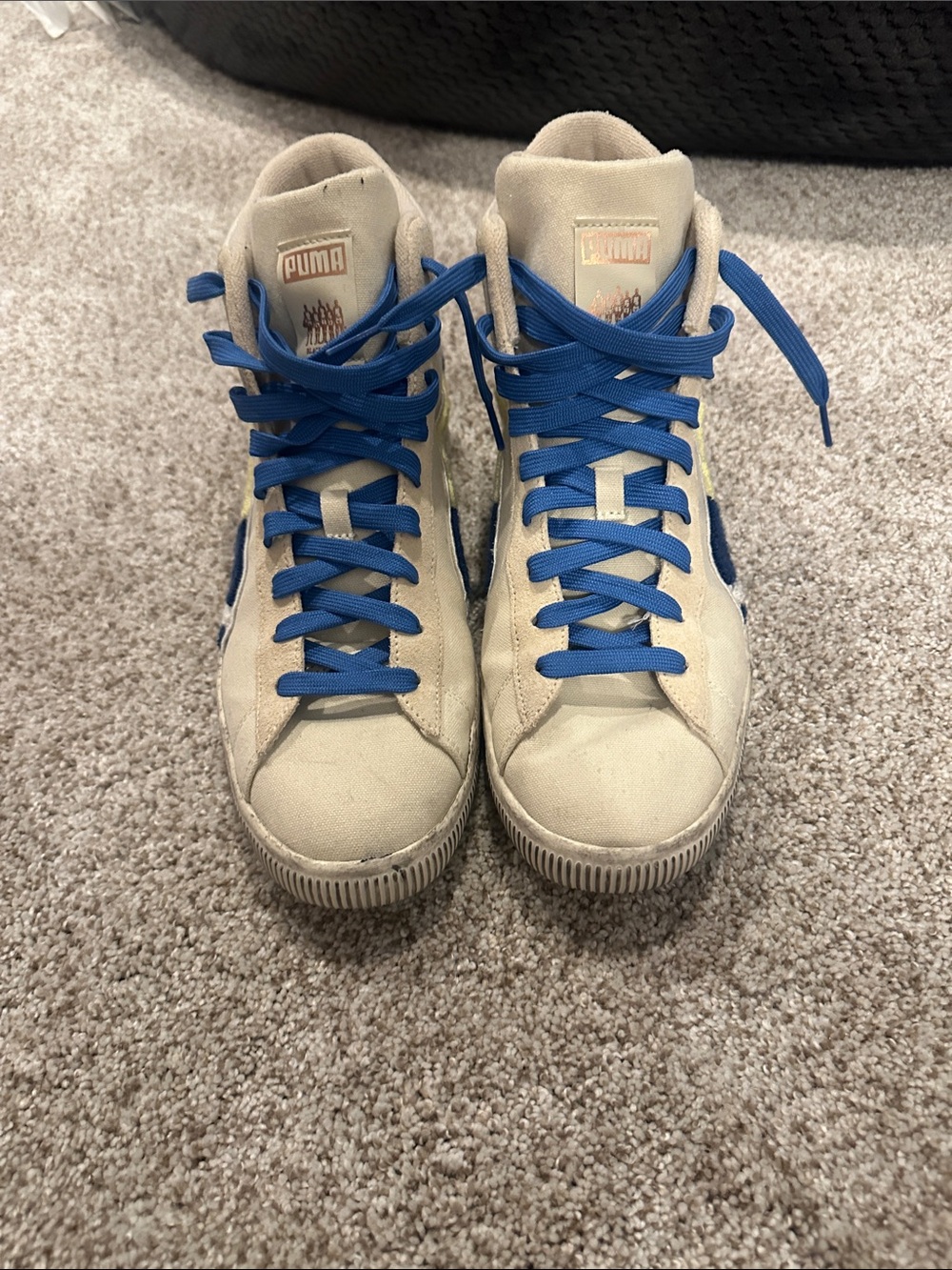 Puma Beige High-Top Sneakers with Bright Blue Laces